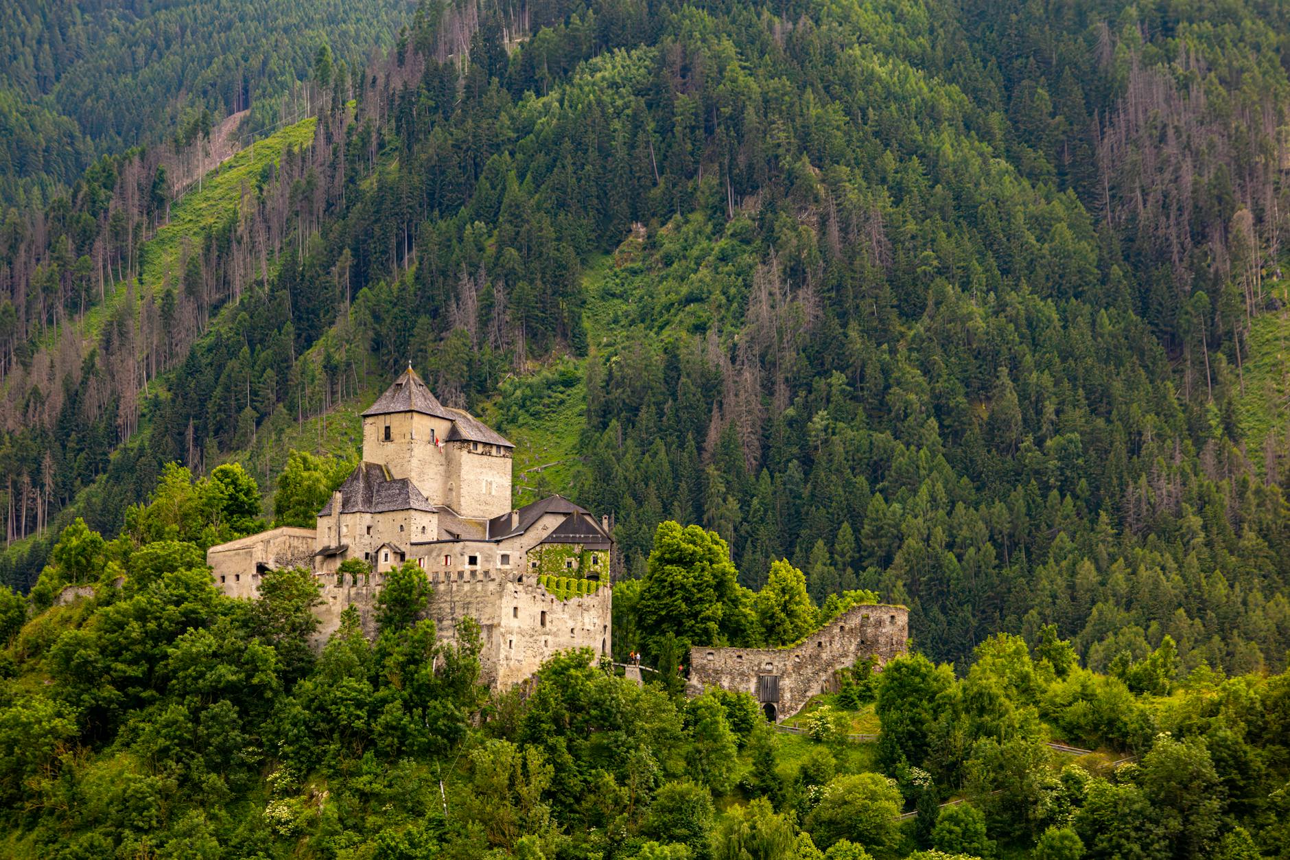 Zamek Tures wśród zielonych lasów w austriackich Alpach